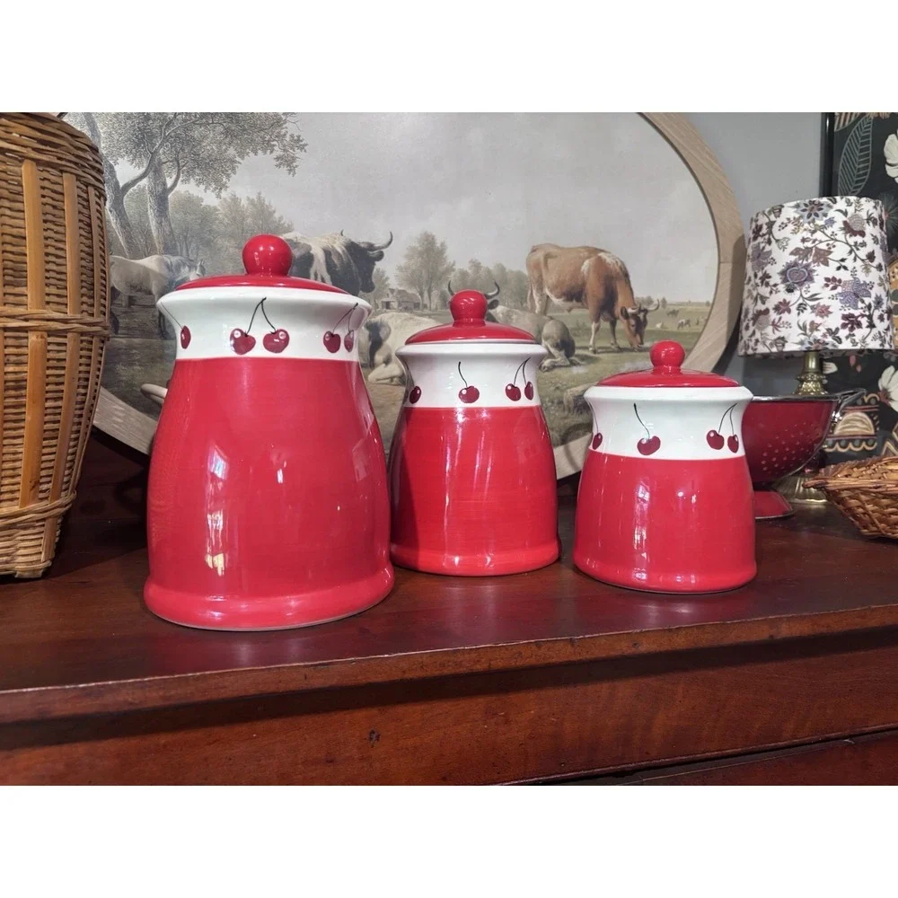 Vintage Terramoto Two Ceramic Kitchen Canisters  Cherries Red White Cottagecore